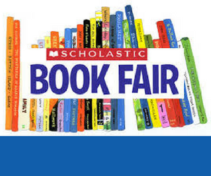  colorful drawing of books on a shelf with the Scholastic Book Fair logo